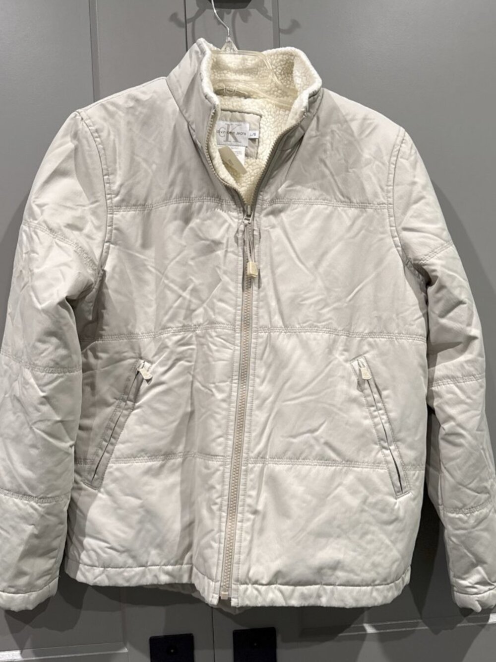 NEW $85 SZ L Calvin Klein Performance Women's White Puffer Jacket ZIP UP SHERPA